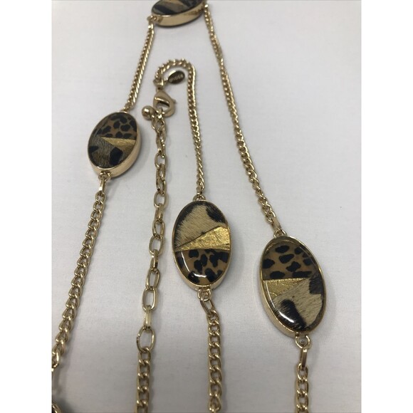 CHICO'S Necklace Animal Print Faux Fur Oval Beads Gold Tone Brown LONG Strand - Picture 4 of 11